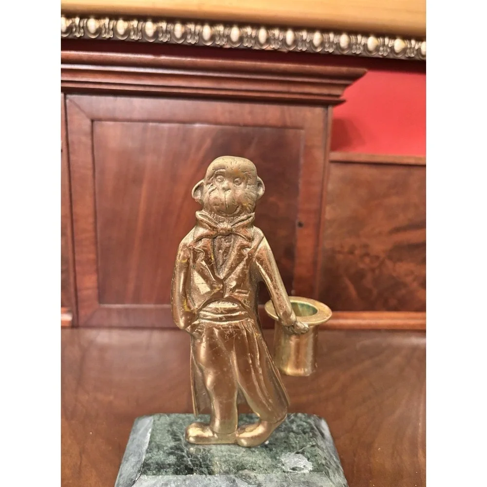 Vintage Brass Monkey Figural Candle‎ Holder Butler w/ Top Hat Marble Base 7
